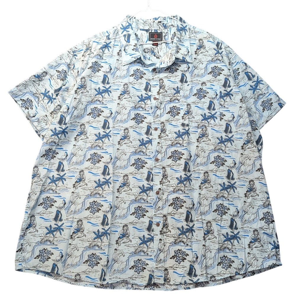 Swiss Cross Hawaiian Button Up Aloha Shirt Dolphin Hula Palm‎ Tree Relaxed Fit
